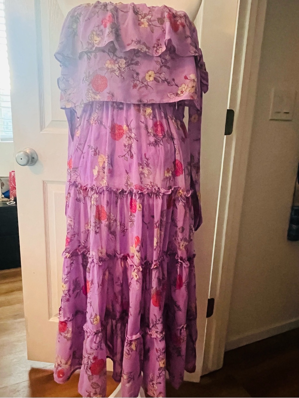 Strapless Lilac Floral Tiered Maxi Dress